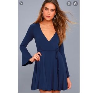 Plot Twist Navy Blue Flounce Sleeve Wrap Dress
